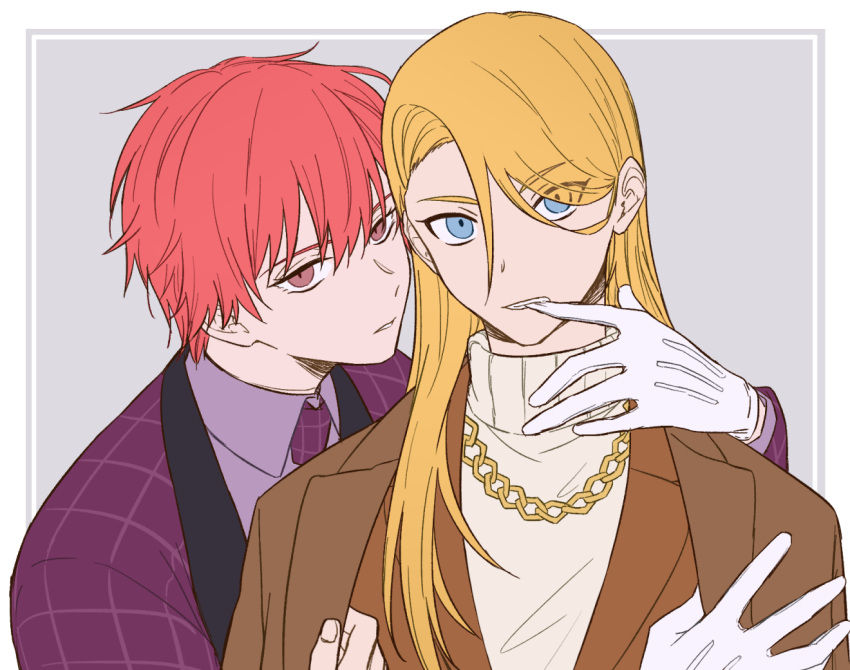 biting, biting_glove, blonde_hair, blue_eyes, border, chain, chain_necklace, collared_shirt