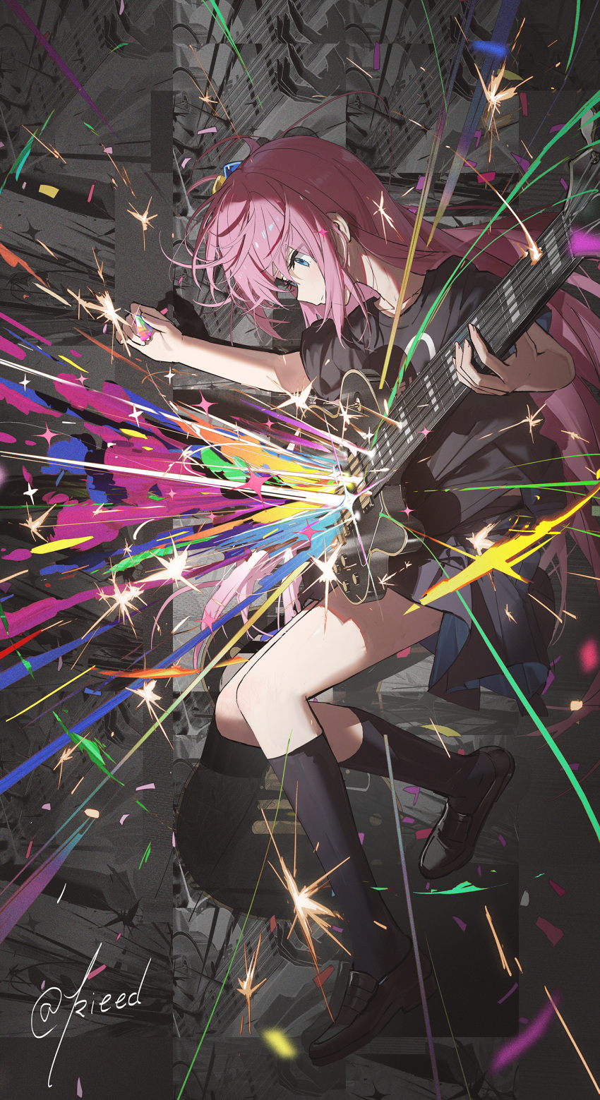 1girl, absurdres, artist_name, black_shirt, black_shoes, black_socks, blue_eyes, bocchi_the_rock!