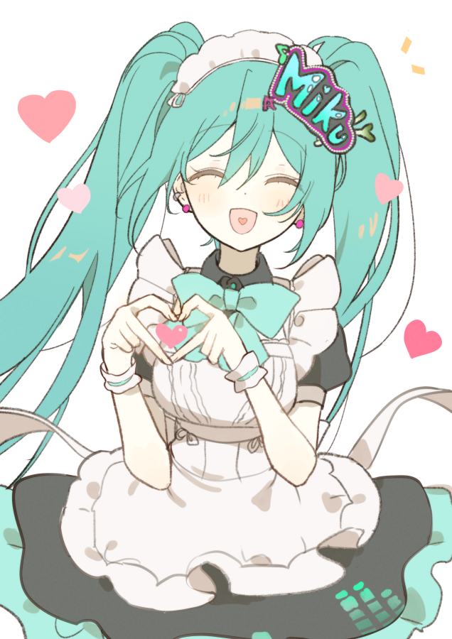 1girl, alternate_costume, apron, breasts, character_name, closed_mouth, hatsune_miku, heart, heart_hands, heart_in_mouth, long_hair, maid, maid_apron, maid_day, maid_headdress, open_mouth, smile, solo, twintails, very_long_hair, vocaloid, wohinya