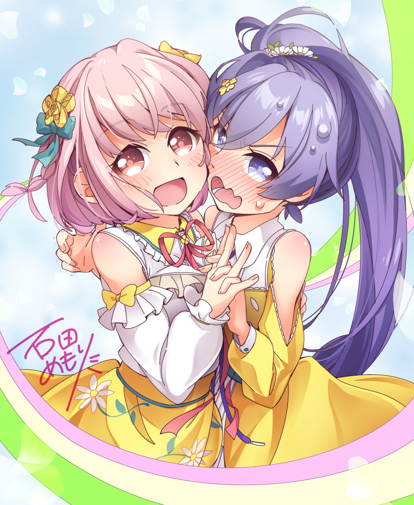 2girls, :d, absurdres, artist_name, bare_shoulders, blue_eyes, blush, detached_sleeves