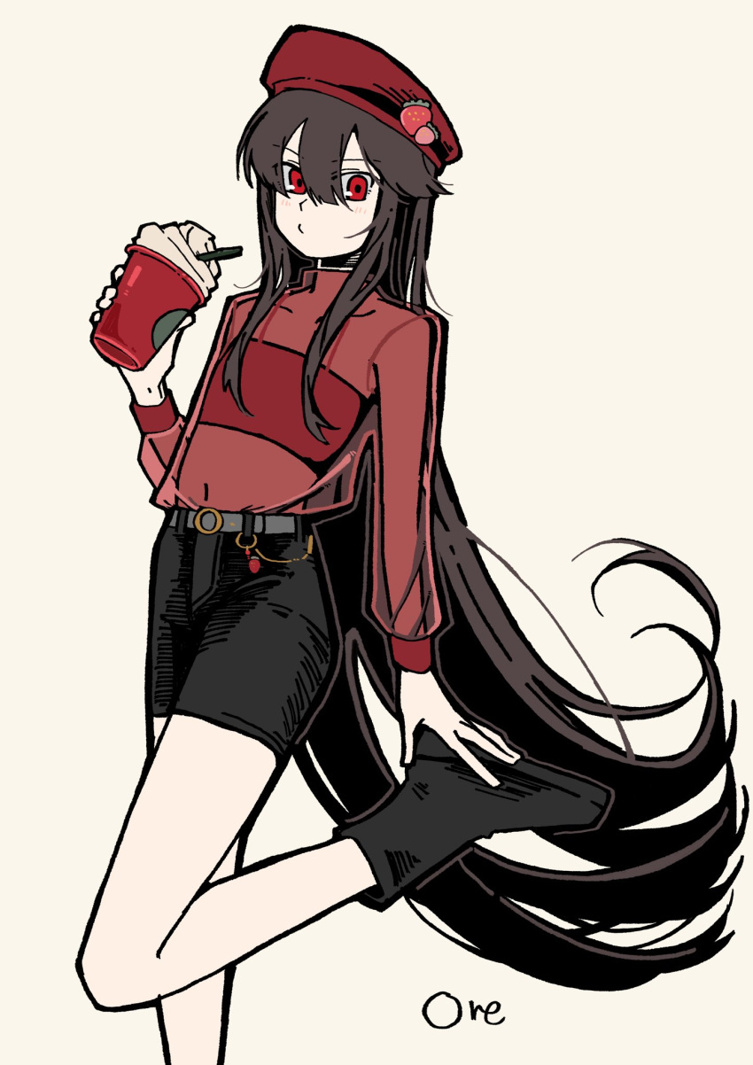 1girl, alternate_costume, artist_name, belt, black_hair, black_shoes, black_shorts, blush