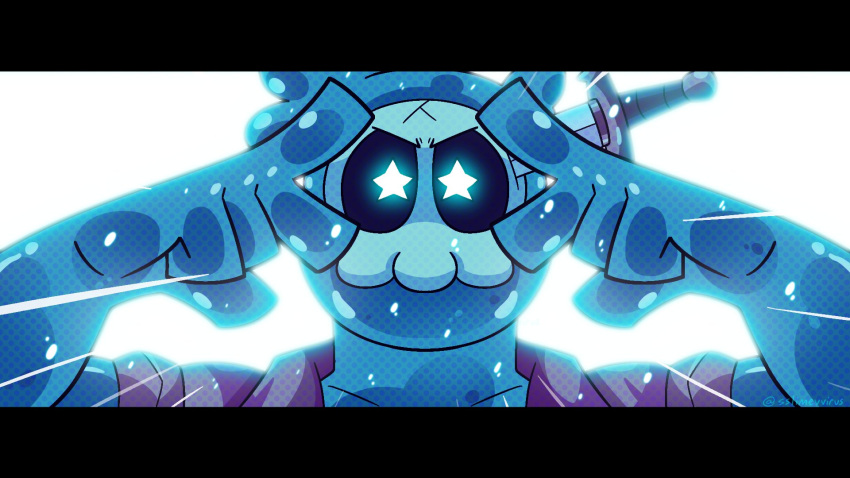 1boy, dagger, double_v, doug_(monster_prom), english_commentary, highres, knife, looking_at_viewer