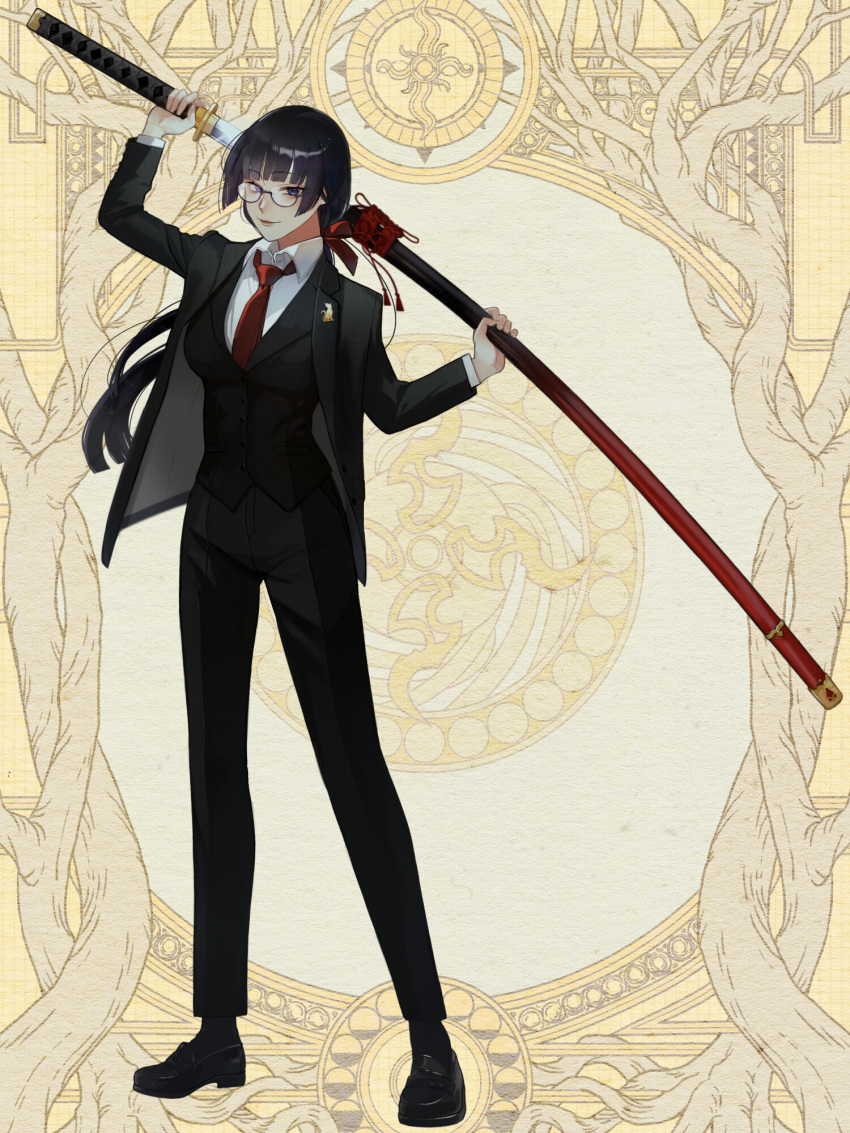 1girl, black_pants, black_shoes, black_suit, blue_eyes, dairoku_ryouhei, full_body, glasses, hair_ribbon, highres, holding, holding_sword, holding_weapon, katana, lapel_pin, long_hair, napthol_(tw), necktie, pants, ponytail, red_ribbon, ribbon, sheath, shoes, solo, standing, suit, sword, unsheathing, weapon, yellow_background