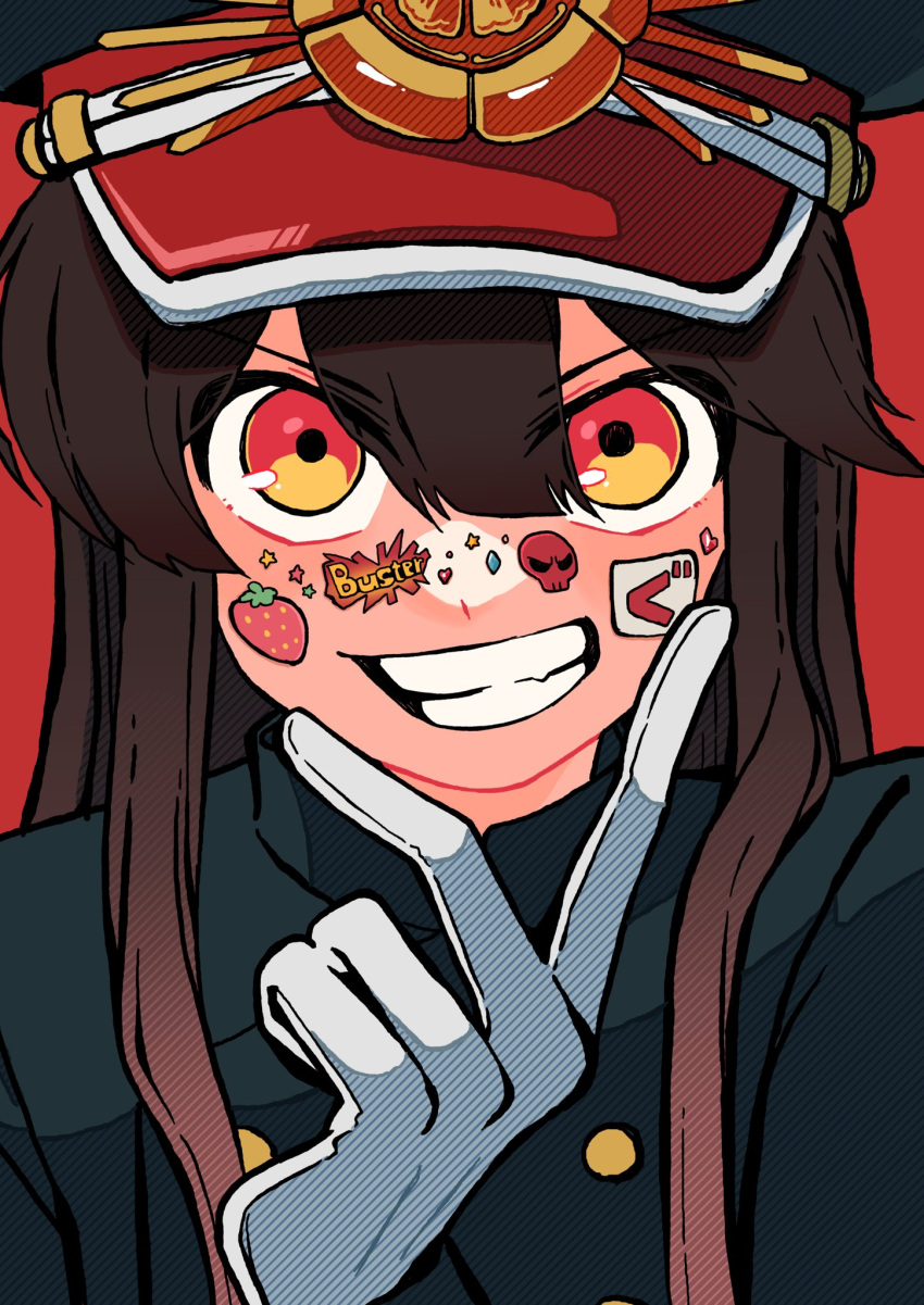 1girl, black_hair, buttons, crest, family_crest, fate/grand_order, fate_(series), gloves, goma1021, grin, hair_between_eyes, hat, heart, highres, jacket, long_hair, long_sleeves, looking_at_viewer, oda_nobunaga_(fate), oda_uri, open_mouth, peaked_cap, red_background, red_eyes, simple_background, skull_sticker, smile, solo, star_(symbol), star_sticker, sticker, sticker_on_face, strawberry_sticker, white_gloves