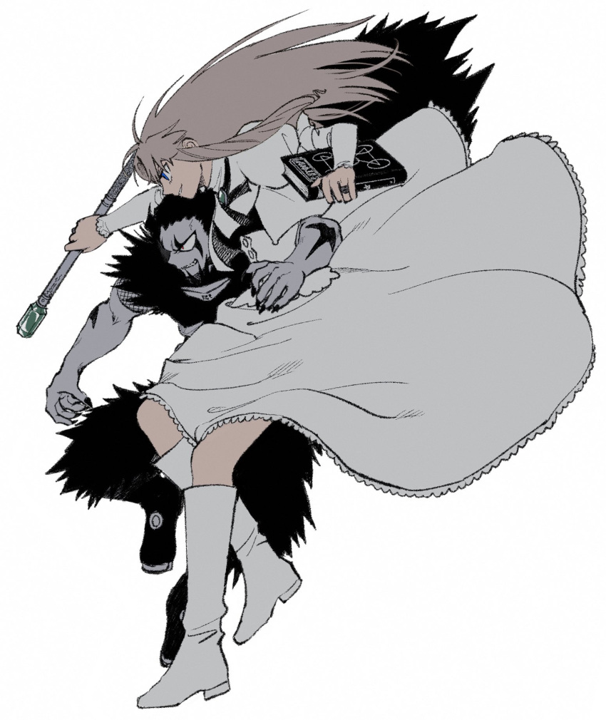 1boy, 1girl, arm_around_waist, black_fur, black_hair, black_ribbon, blonde_hair, blue_eyes