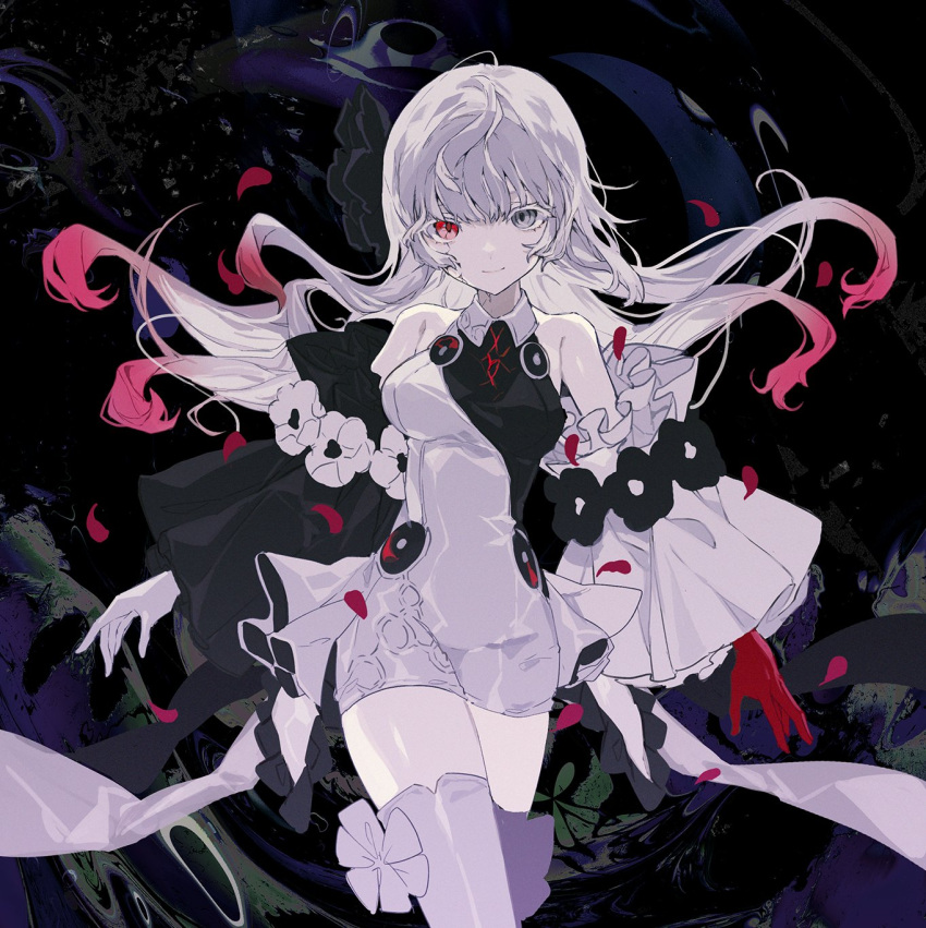 1girl, abstract_background, ahoge, bare_shoulders, breasts, collar, collared_dress, cracked_eyes