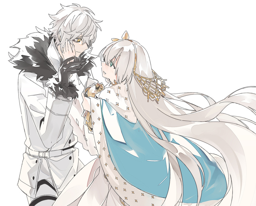 1boy, 1girl, agata720, anastasia_(fate), black_gloves, blue_cloak, cloak, closed_mouth, commentary, couple, cowboy_shot, doll, dress, eye_contact, fate/grand_order, fate_(series), from_side, fur-trimmed_jacket, fur_trim, gloves, gold_hairband, green_eyes, grey_hair, hair_between_eyes, hair_ornament, hairband, hand_on_another's_cheek, hand_on_another's_face, hand_up, hetero, jacket, kadoc_zemlupus, leaf_hair_ornament, long_hair, long_sleeves, looking_at_another, open_mouth, pants, profile, short_hair, simple_background, smile, standing, symbol-only_commentary, viy_(fate), white_background, white_dress, white_jacket, white_pants, yellow_eyes