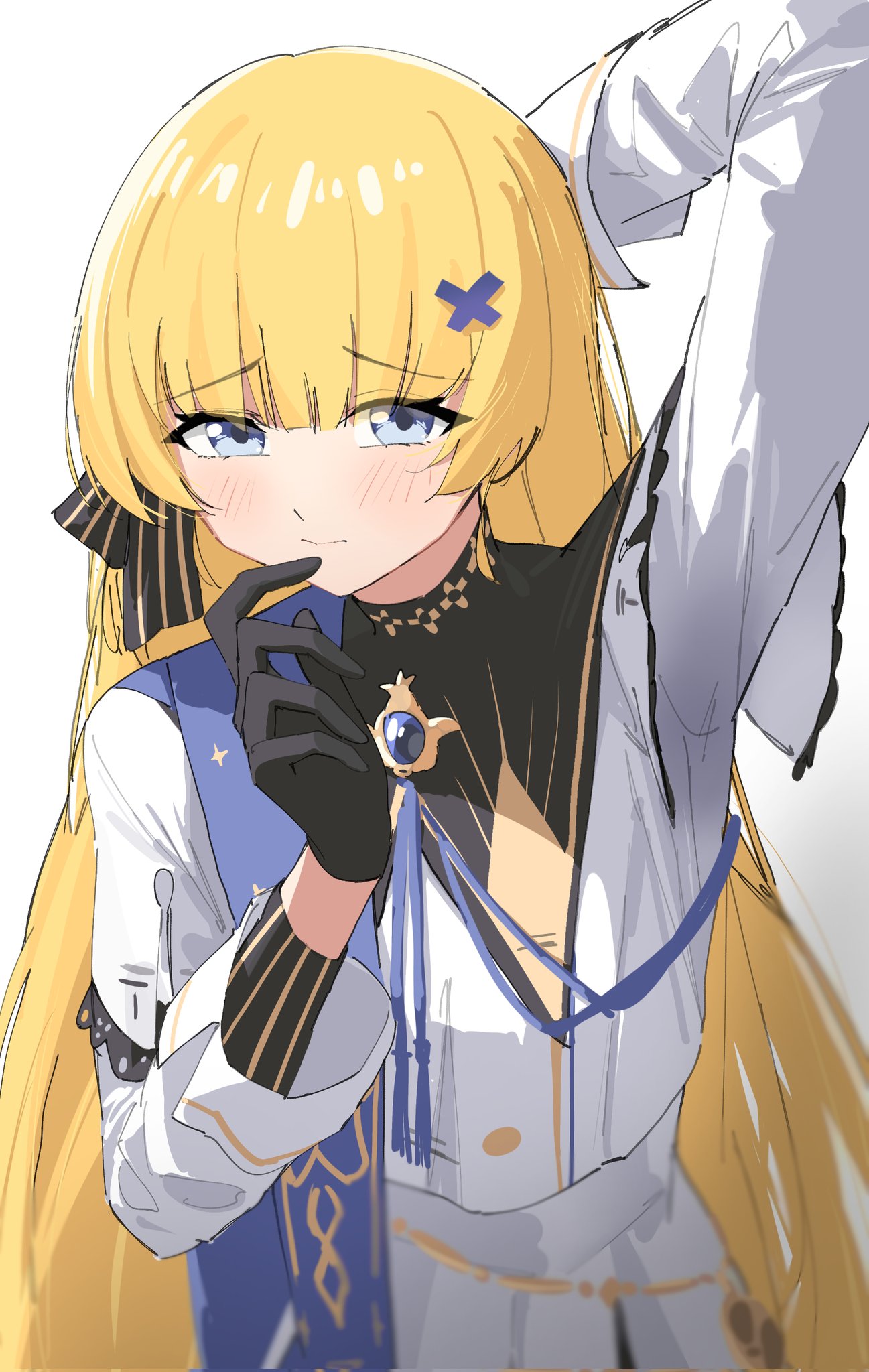 1girl, arm_behind_head, arm_up, black_bow, black_collar, black_gloves, blonde_hair, blue_eyes