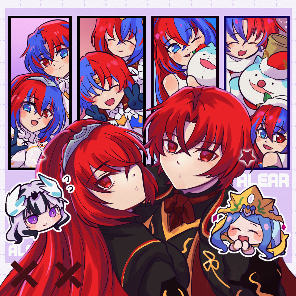 1boy, 3girls, alear_(fire_emblem), black_hair, blue_eyes, blush, character_name, chibi