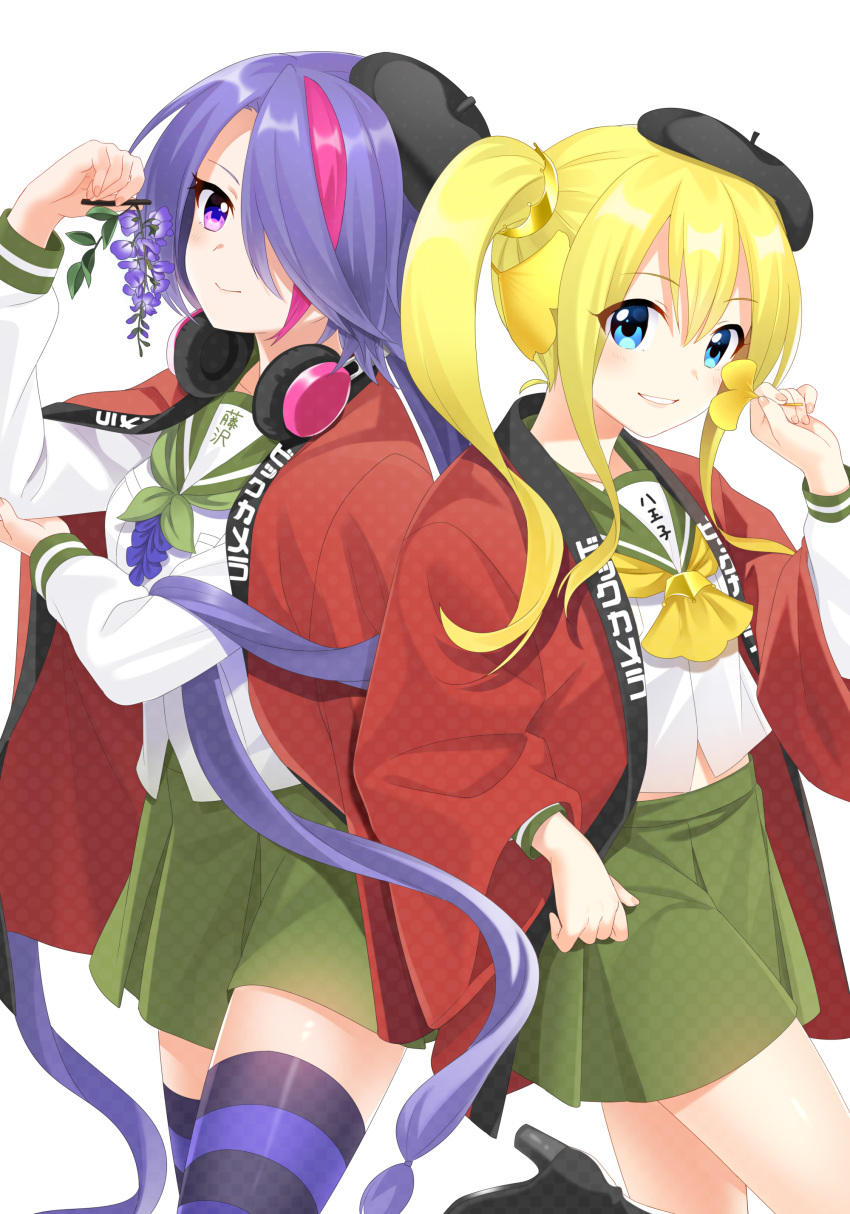 2girls, absurdres, back-to-back, beret, bic_camera, black_hat, blonde_hair, blue_eyes