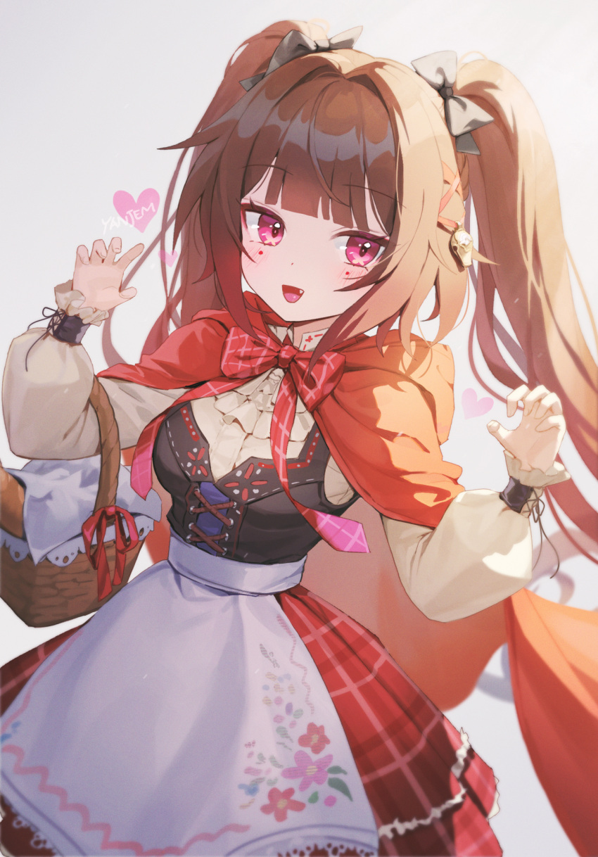 1girl, :d, alternate_costume, apron, artist_name, black_bow, bow, breasts