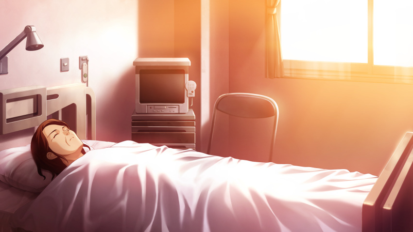 1girl, bed, brown_hair, chair, closed_eyes, closed_mouth, comatose, crt