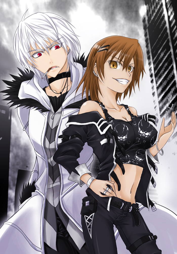 accelerator, breasts, brown_eyes, brown_hair, choker, cigarette, cleavage, kurogane_(artist), midriff, misaka_worst, red_eyes, to_aru_majutsu_no_index, white_hair