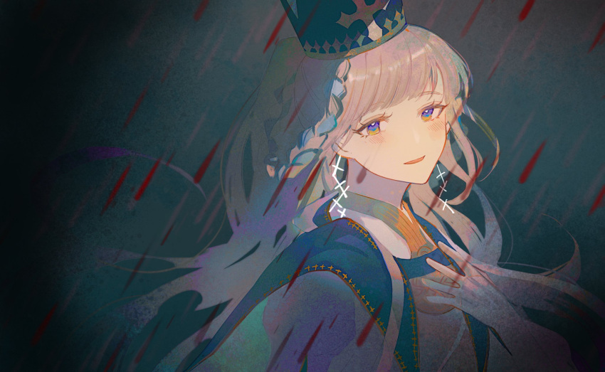 1girl, blue_hair, blue_hat, braid, braided_hair_rings, cross, cross_earrings, dress, earrings, fate/grand_order, fate_(series), grey_hair, guiyuchen21490, hair_rings, hat, highres, jewelry, johanna_(fate), johanna_(third_ascension)_(fate), long_hair, looking_at_viewer, mitre, multicolored_hair, solo, stole, twin_braids, two-tone_hair, violet_eyes, white_dress