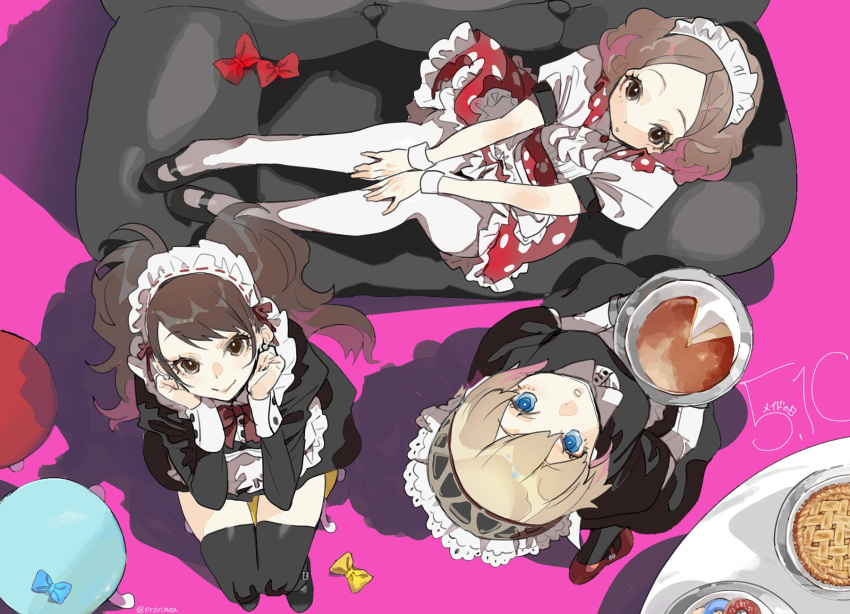 3girls, :o, aigis_(persona), alternate_costume, android, apron, black_dress, black_shoes