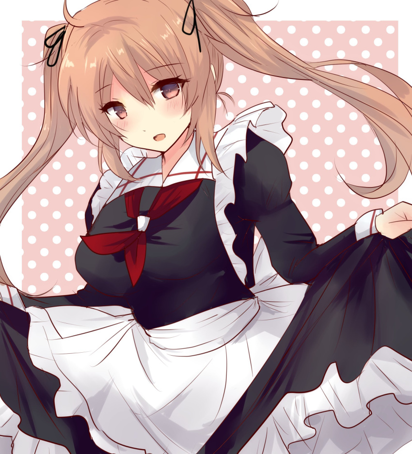 adapted_costume, apron, black_ribbon, breasts, brown_eyes, brown_hair, cosplay, frilled_apron, frills, hair_flaps, hair_ribbon, harusame_(kancolle), harusame_(kancolle)_(cosplay), harusame_(maid)_(kancolle), highres, hirune_(konekonelkk), kantai_collection, maid_apron, medium_breasts, murasame_(kancolle), neckerchief, red_neckerchief, ribbon, twintails, white_apron