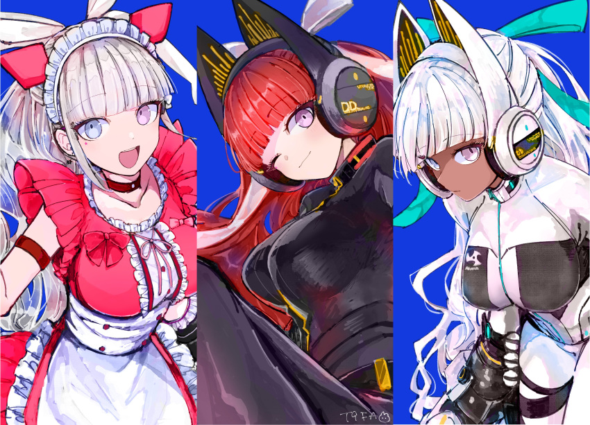 1girl, absurdres, akiba_hinagiku, animal_ear_headphones, animal_ears, black_bodysuit, blue_background, blunt_bangs