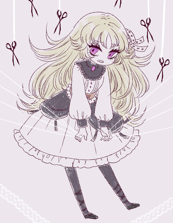 1girl, black_capelet, black_pantyhose, black_ribbon, black_shoes, blonde_hair, brown_corset, buttons