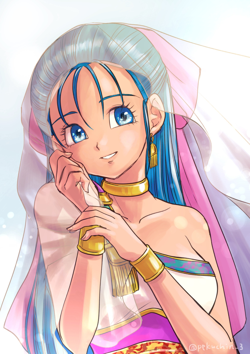 1girl, bare_shoulders, blue_eyes, blue_hair, bow, bracelet, collarbone, commentary_request