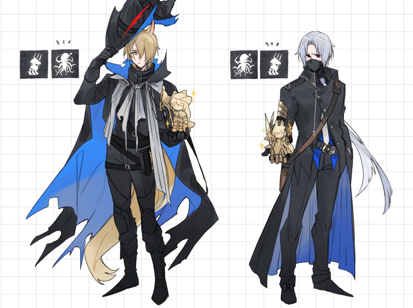 2boys, abyssal_hunters_logo, animal_ears, arknights, belt, black_boots, black_cape, black_coat