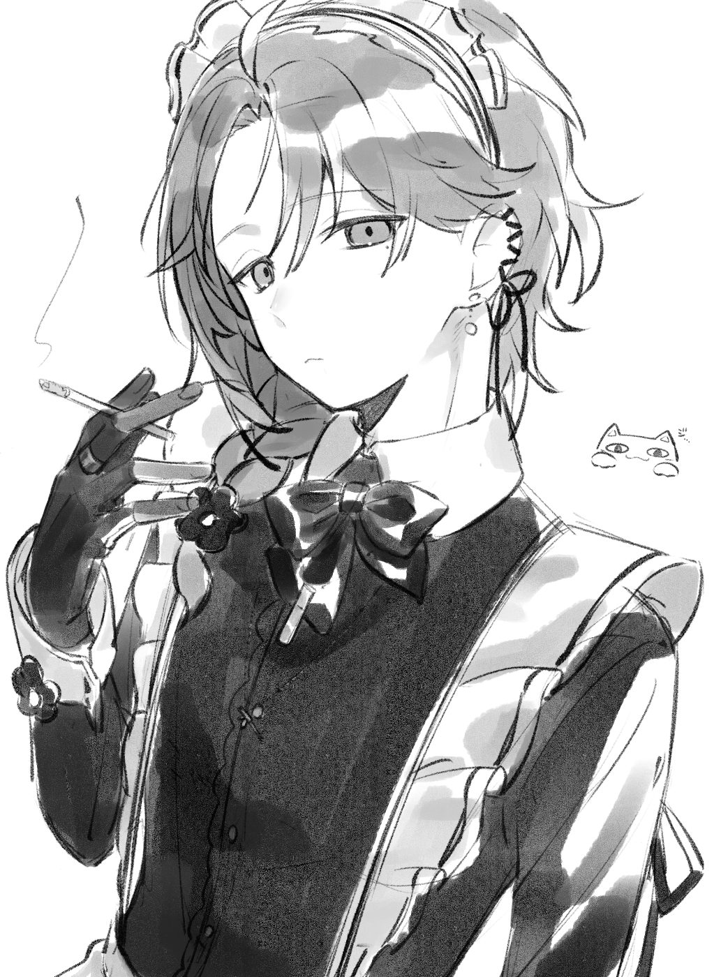 1boy, apron, bow, bowtie, braid, cigarette, closed_mouth, collared_dress