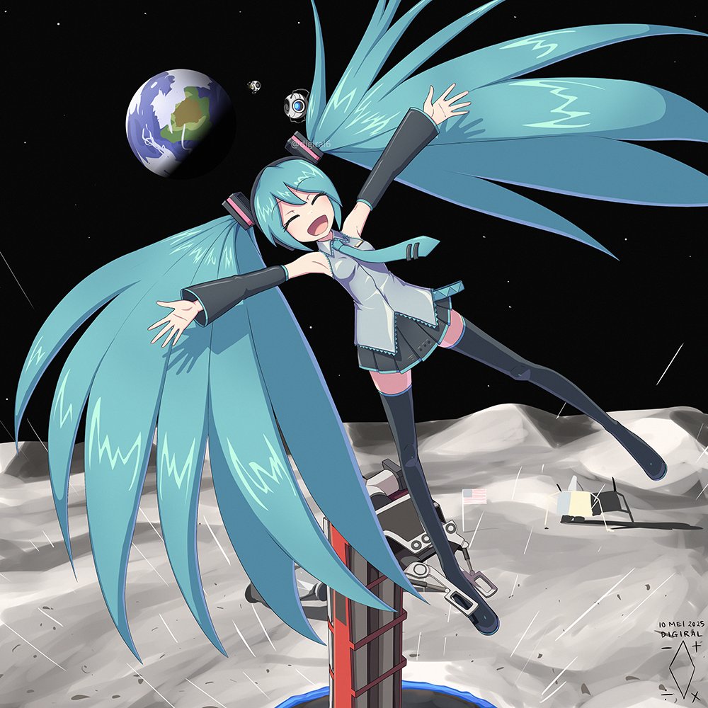 :d, aqua_hair, aqua_necktie, artist_logo, artist_name, black_boots, black_skirt, black_sleeves
