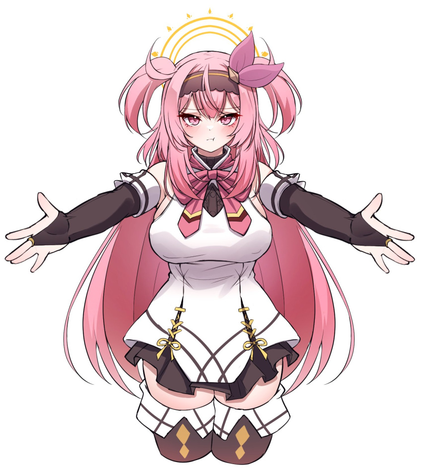 1girl, 5danny1206, :t, bare_shoulders, black_hairband, black_thighhighs, blush, bow, bowtie, breasts, bridal_gauntlets, closed_mouth, cropped_legs, dress, elbow_gloves, fingerless_gloves, gloves, hair_between_eyes, hair_ribbon, hairband, halo, highres, large_breasts, long_hair, looking_at_viewer, outstretched_arms, pink_bow, pink_bowtie, pink_eyes, pink_hair, pink_ribbon, pout, ribbon, selestia_(vrchat), simple_background, skirt, sleeveless, solo, thigh-highs, transparent_background, twintails, two_side_up, vrchat, white_background, white_dress, yellow_halo, zettai_ryouiki