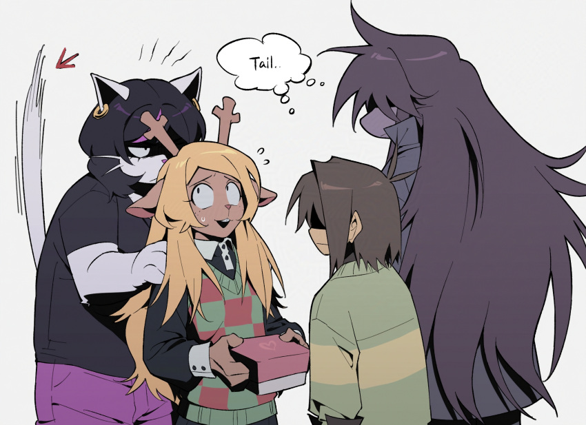 1other, 3girls, animal_ears, antenna_hair, antlers, arrow_(symbol), black_hair, blonde_hair