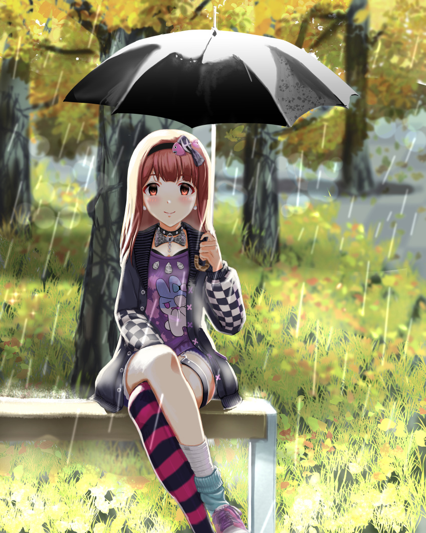 1girl, absurdres, asymmetrical_legwear, bench, black_cardigan, black_choker, black_hairband, black_umbrella