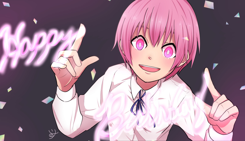 1girl, birthday, bright_pupils, commentary, confetti, en'en_no_shouboutai, english_text, happy_birthday