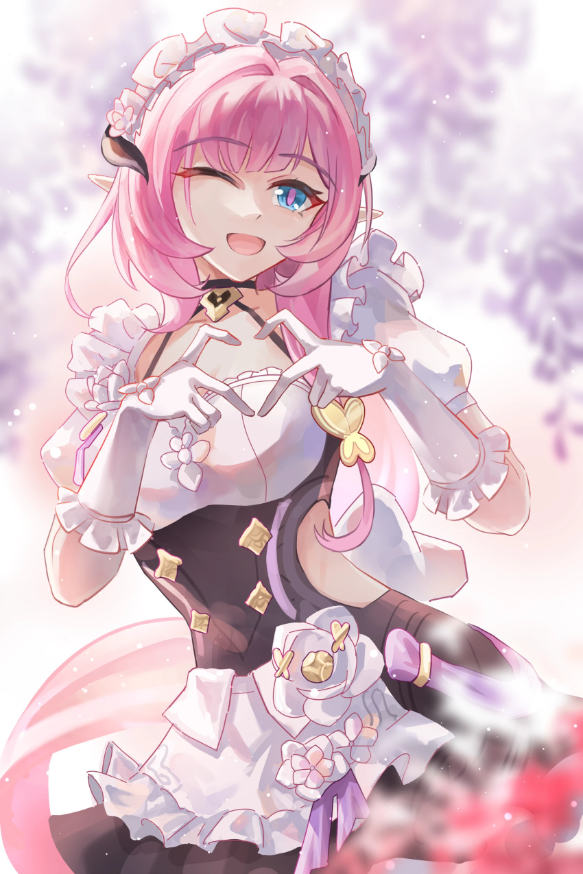 1girl, absurdres, apron, blue_eyes, dress, elysia_(honkai_impact), elysia_(miss_pink)_(honkai_impact), elysia_(miss_pink_elf)_(honkai_impact), gloves, heart, henjiwumei, highres, honkai_(series), honkai_impact_3rd, horns, long_hair, maid_apron, maid_headdress, one_eye_closed, open_mouth, pink_hair, pointy_ears, solo, very_long_hair, white_gloves