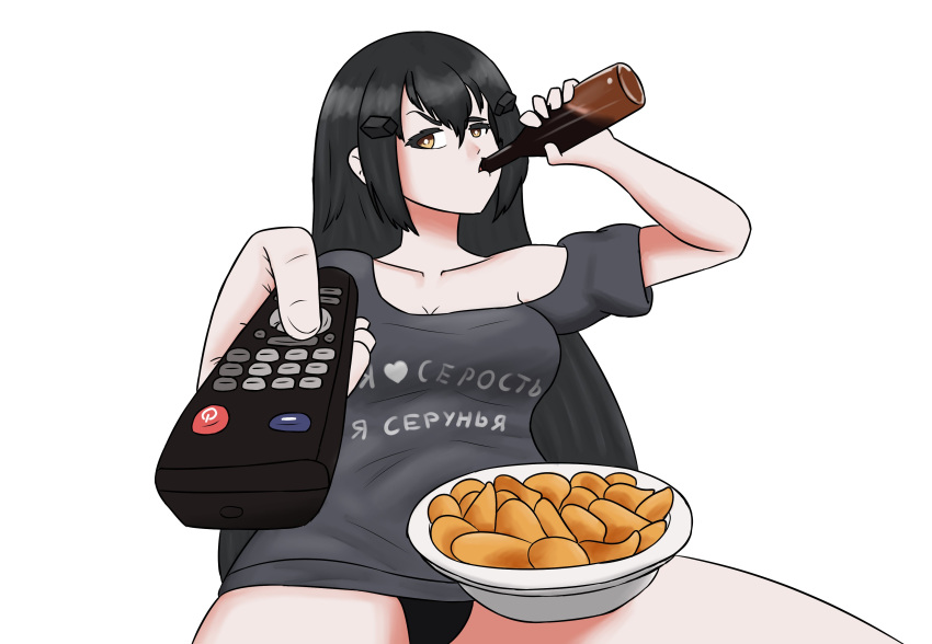 absurdres, alcohol, beer, black_hair, black_panties, catahuct, chips_(food), controller
