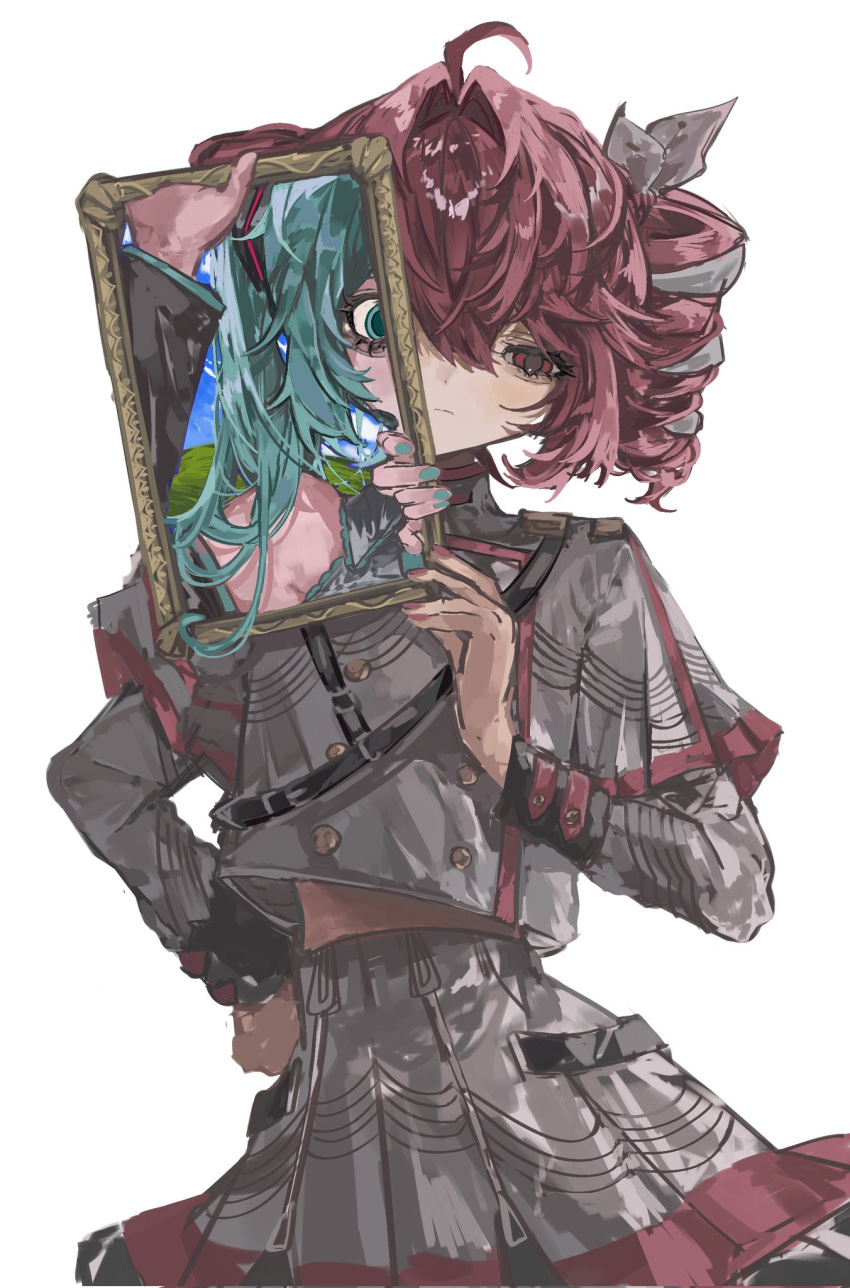1girl, 2girls, ahoge, belt, black_belt, black_sleeve_cuffs, black_sleeves, blue_eyes