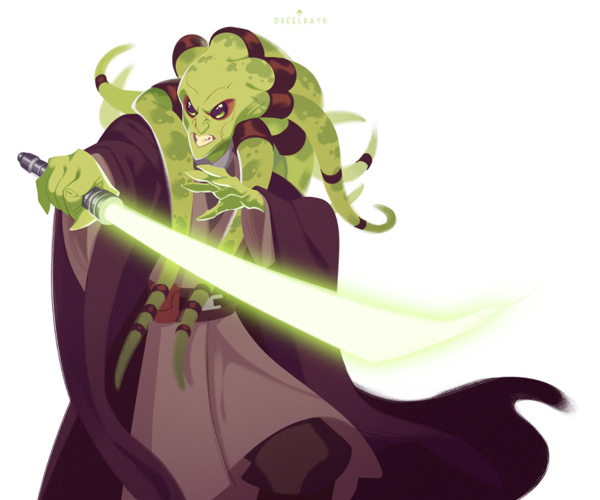 1boy, absurdres, alien, brown_robe, brown_tunic, colored_skin, energy_sword, green_lightsaber