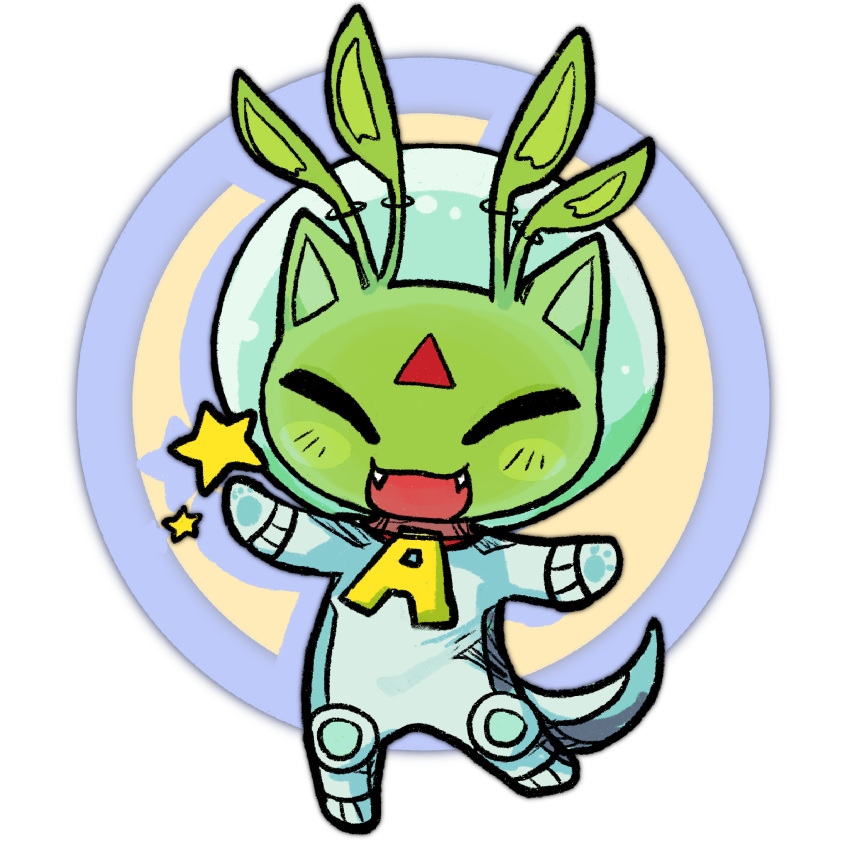 1other, :3, ^_^, aisha_(neopets), alien, alien_aisha, alleesaur, animal_ears, antennae, cat_ears, chibi, chibi_only, chibikemo, closed_eyes, collar, commentary, creature, creature_focus, english_commentary, fangs, furry, green_fur, helmet, highres, neopet_(creature), neopets, open_mouth, other_focus, paw_print, simple_background, solo, space_helmet, spacesuit, star_(symbol), tail, transparent_background
