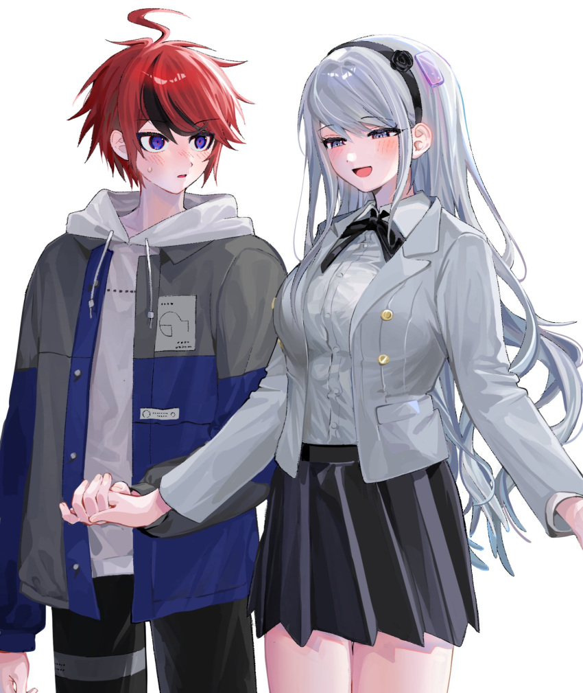 1boy, 1girl, ahoge, banananoyabatan, black_hair, black_hairband, black_pants, black_ribbon