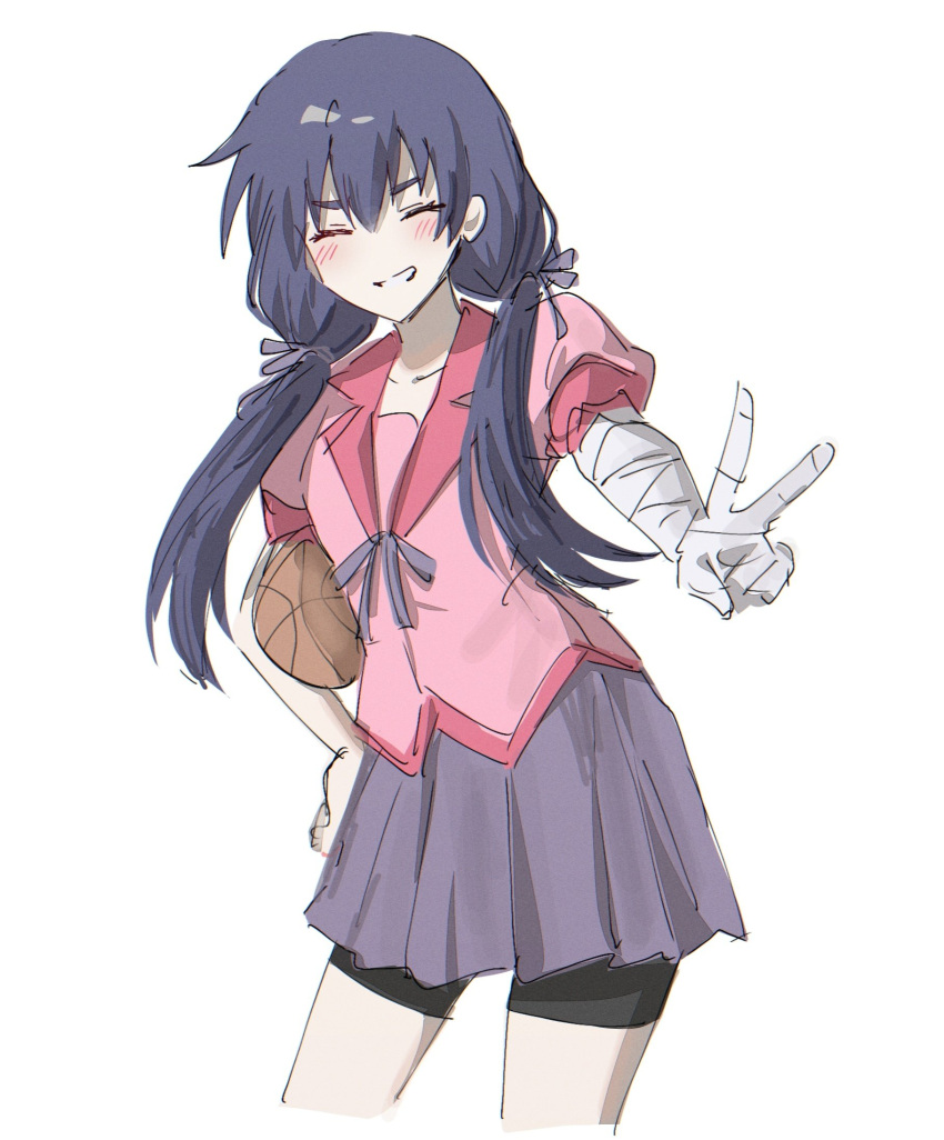 1girl, ball, bandaged_arm, bandages, basketball_(object), bike_shorts, bike_shorts_under_skirt, blue_hair