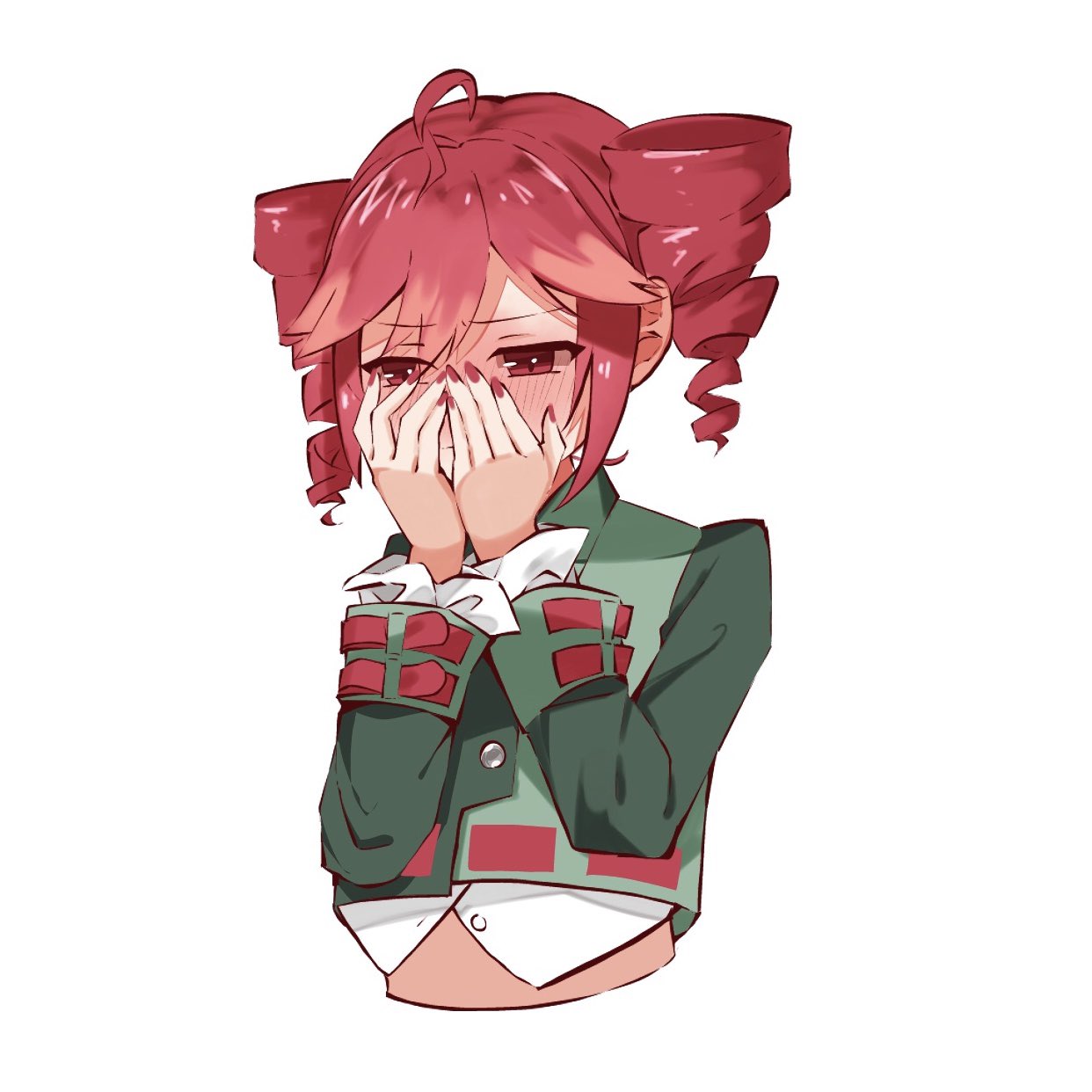 1girl, ahoge, black_shirt, buttons, cropped_torso, double-parted_bangs, drill_hair, embarrassed