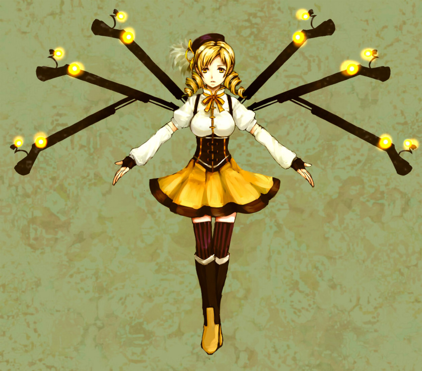 beret, blonde_hair, boots, corset, detached_sleeves, drill_hair, fake_wings, faux_wings