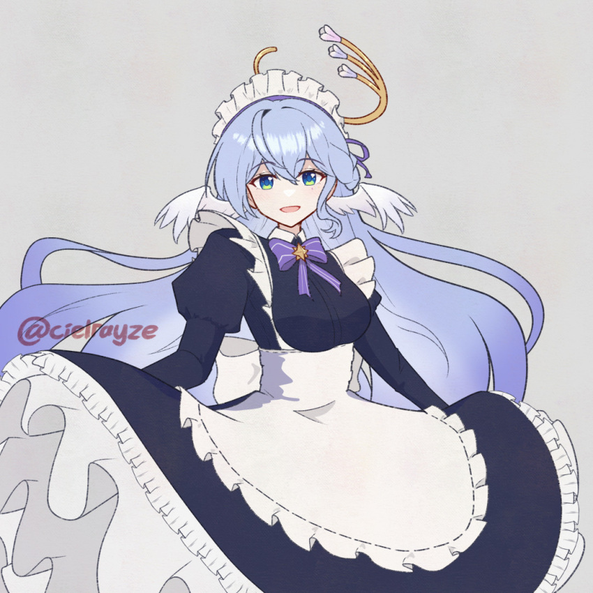 1girl, apron, artist_name, black_dress, blue_hair, bow, bowtie, breasts
