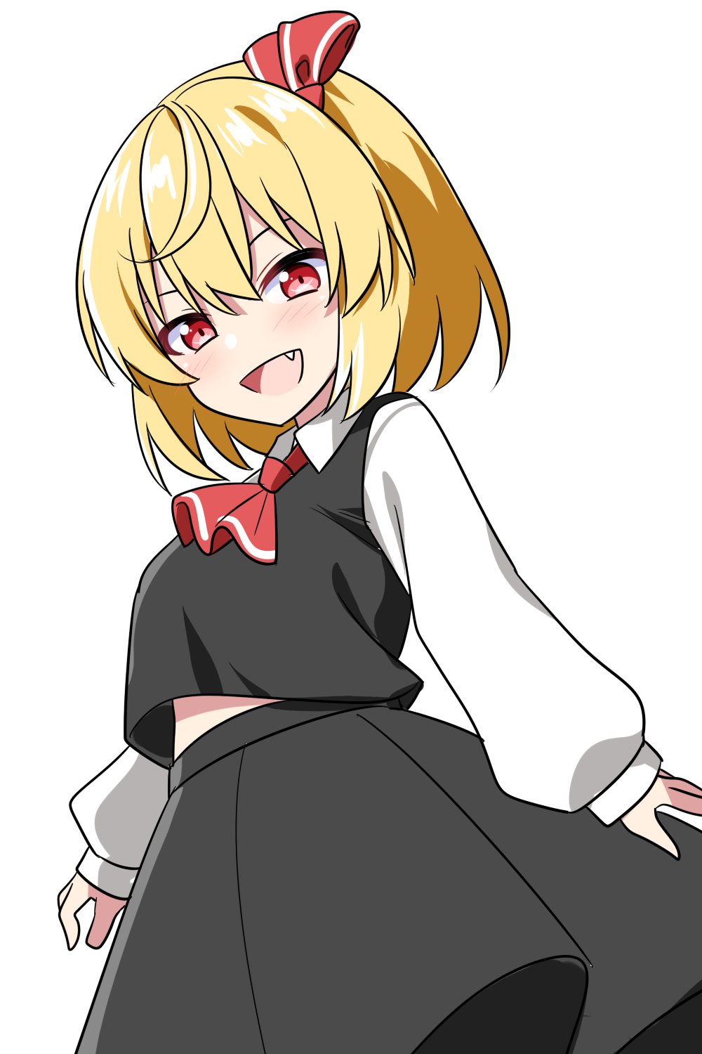 1girl, ascot, black_skirt, black_vest, blonde_hair, blush, collared_shirt, commentary