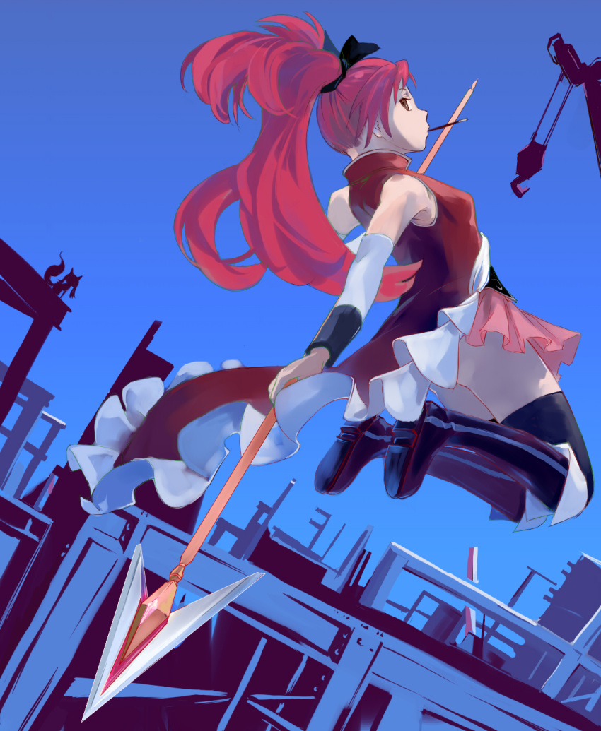 ado_(adonki), bare_shoulders, black_legwear, black_thighhighs, boots, detached_sleeves, dutch_angle, highres