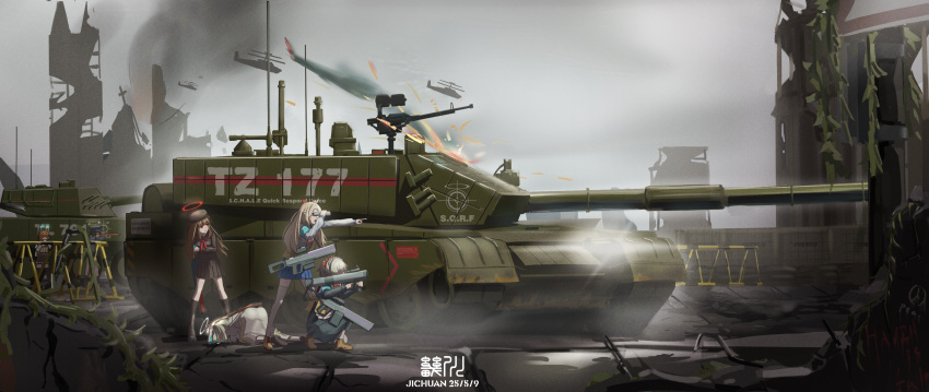 6+girls, absurdres, aircraft, armored_personnel_carrier, armored_vehicle, barricade, battle, beret