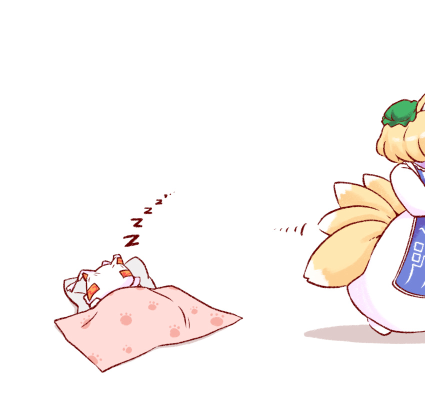 2girls, alternate_headwear, animal_ears, animal_hat, bilingual_commentary, blanket, blonde_hair, blue_tabard