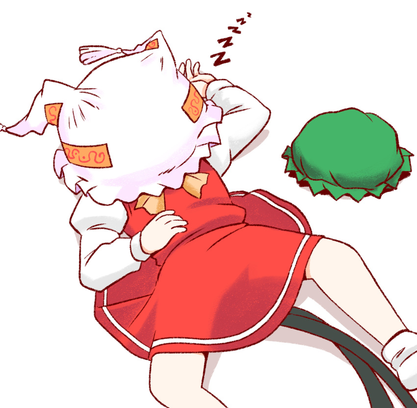 1girl, bilingual_commentary, cat_tail, chen, english_commentary, green_hat, hat, hat_on_face