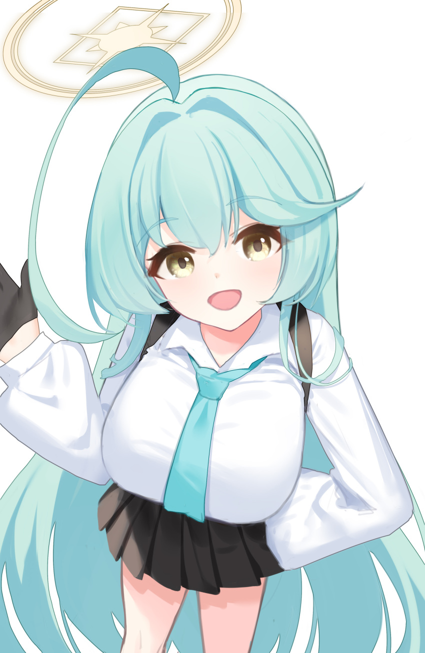 1girl, absurdres, ahoge, black_skirt, blue_archive, breasts, commentary_request, green_hair