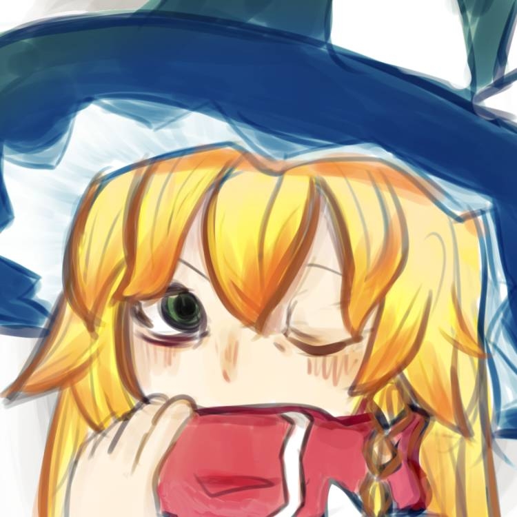 1girl, bags_under_eyes, black_hat, blonde_hair, braid, cookie_(touhou), freezemo, green_eyes