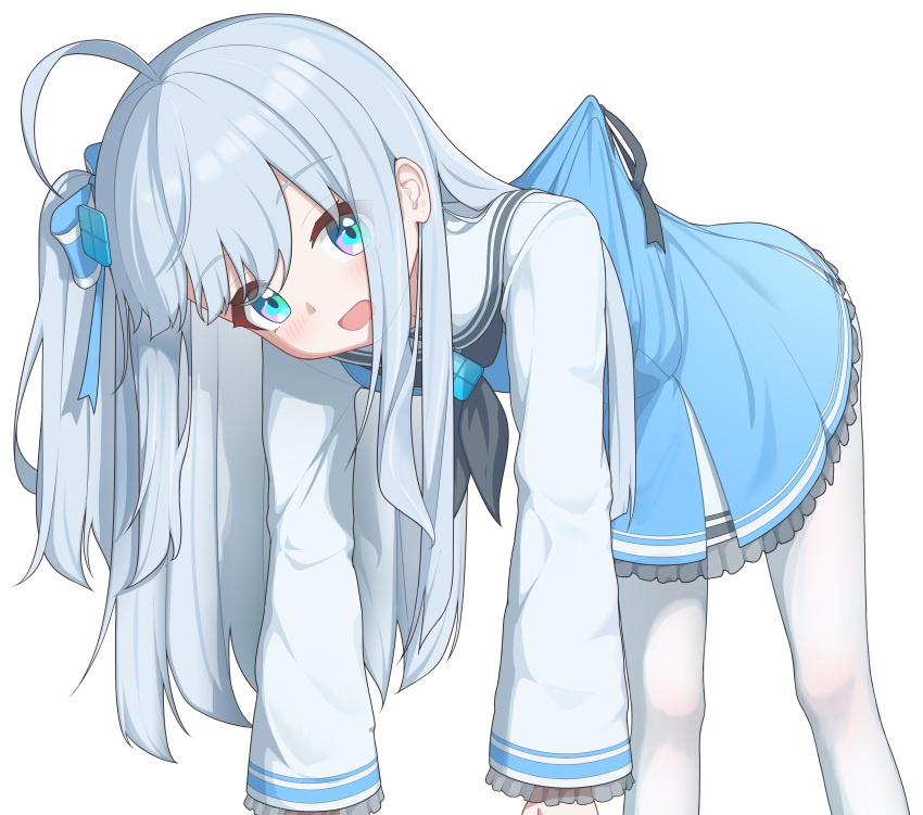 1girl, absurdres, black_neckerchief, blue_dress, blue_eyes, dress, dsfr, floating