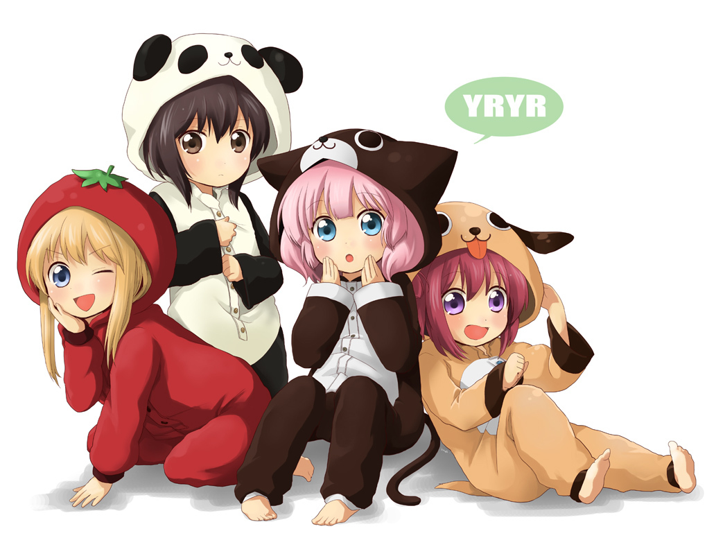 4girls, :d, ;d, akaza_akari, animal_costume, barefoot, black_hair, blonde_hair