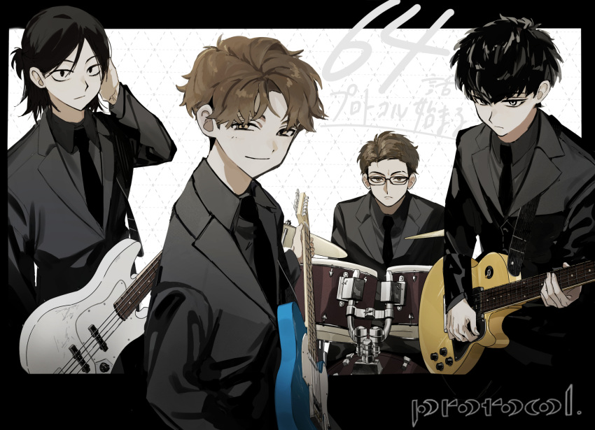 4boys, :|, bass_guitar, black-framed_eyewear, black_eyes, black_hair, black_jacket, black_necktie, black_shirt, black_suit, brown_eyes, brown_hair, closed_mouth, collared_shirt, commentary_request, curtained_hair, drum, drum_set, electric_guitar, eyebrow_cut, fender_jazz_bass, fender_telecaster, futsuu_no_keion-bu, gibson_les_paul, glasses, group_name, guitar, guitar_strap, highres, holding, holding_guitar, holding_instrument, instrument, jacket, kuma_vs_inu, lapels, long_sleeves, looking_at_viewer, male_focus, mizuo_haruichi, multiple_boys, necktie, notched_lapels, official_alternate_costume, official_alternate_hairstyle, parted_bangs, protocol._(futsuu_no_keion-bu), shirt, short_hair, smile, suit, suit_jacket, taguchi_ryuuya, takami_kouki, tohno_gen, translation_request, tsurime, upper_body